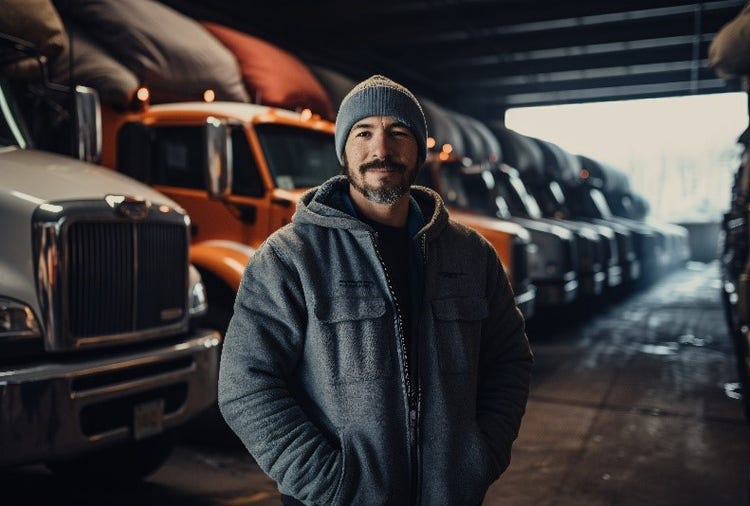 A person standing in a garage with trucks behind him Description automatically generated